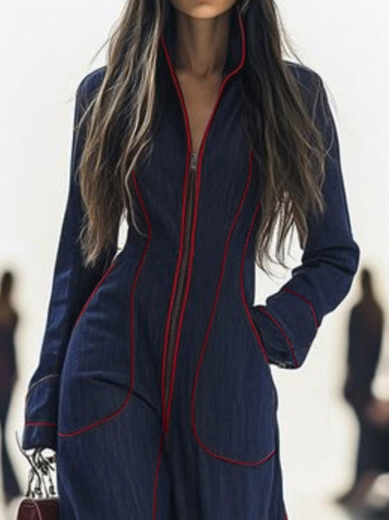 Denim Jumpsuit | Wide Leg, Long Sleeve, Mock Neck