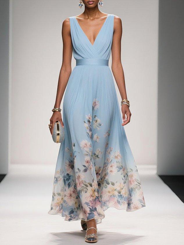 Women floral print maxi dress with V-neckline, flowing A-line silhouette