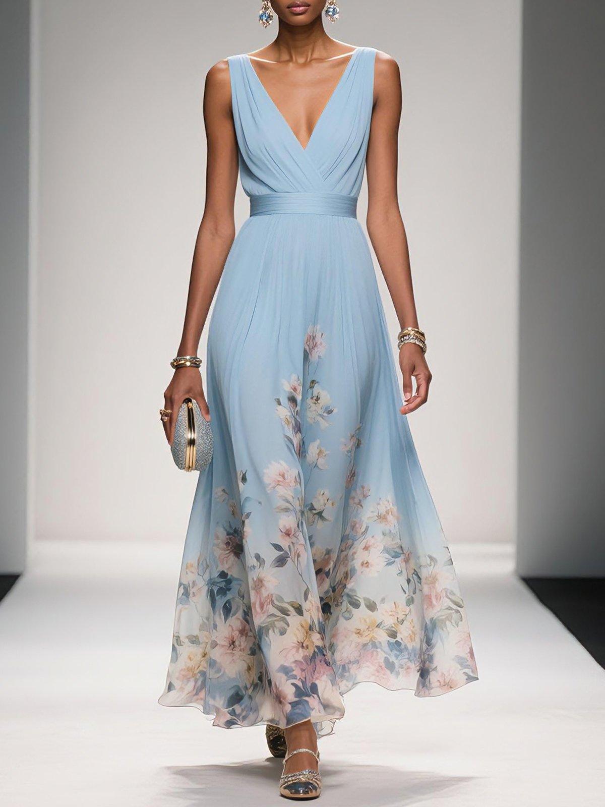 Women floral print maxi dress with V-neckline, flowing A-line silhouette