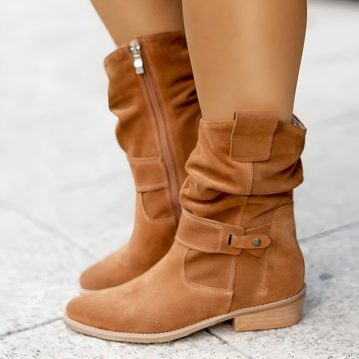 Women knee high slouchy boots with low block heel and faux suede upper