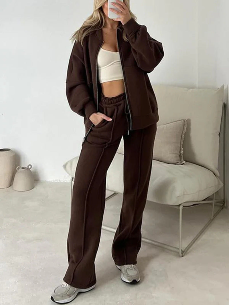 Womens 2 piece zip sweatshirt wide leg set with cropped jacket and drawstring waist