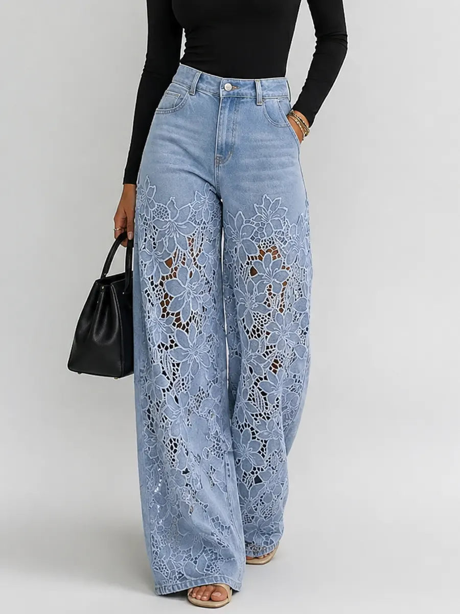 Women denim wide leg pants with floral lace panels high waist