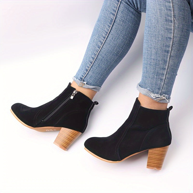 Women ankle boots stacked block heel side zip suede-look upper