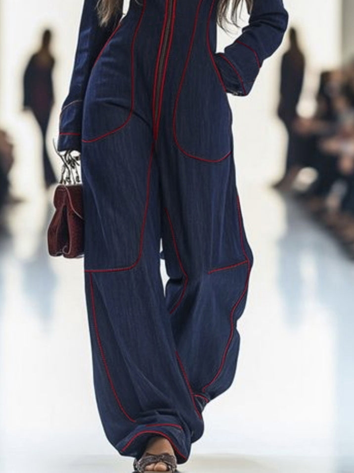 Denim Jumpsuit | Wide Leg, Long Sleeve, Mock Neck