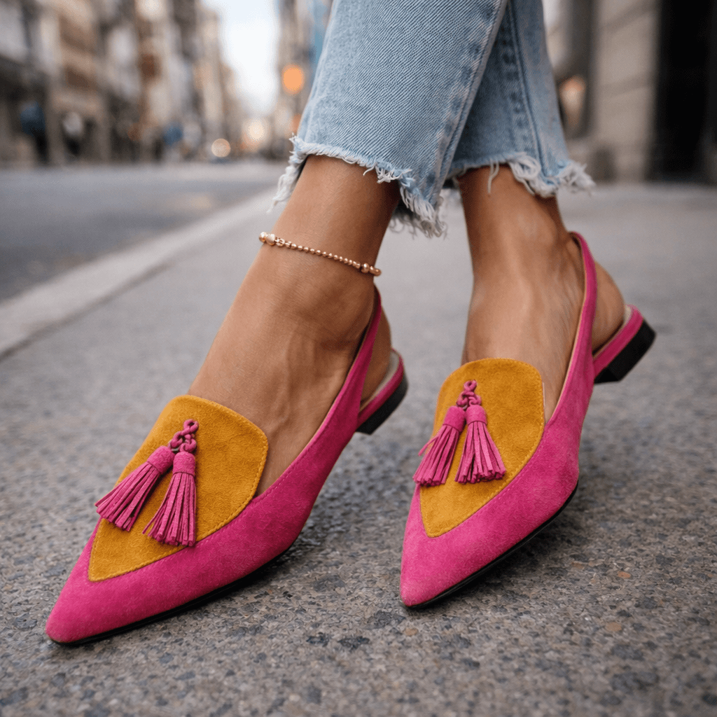 Women slingback flats pointed toe velvet upper with contrasting trim