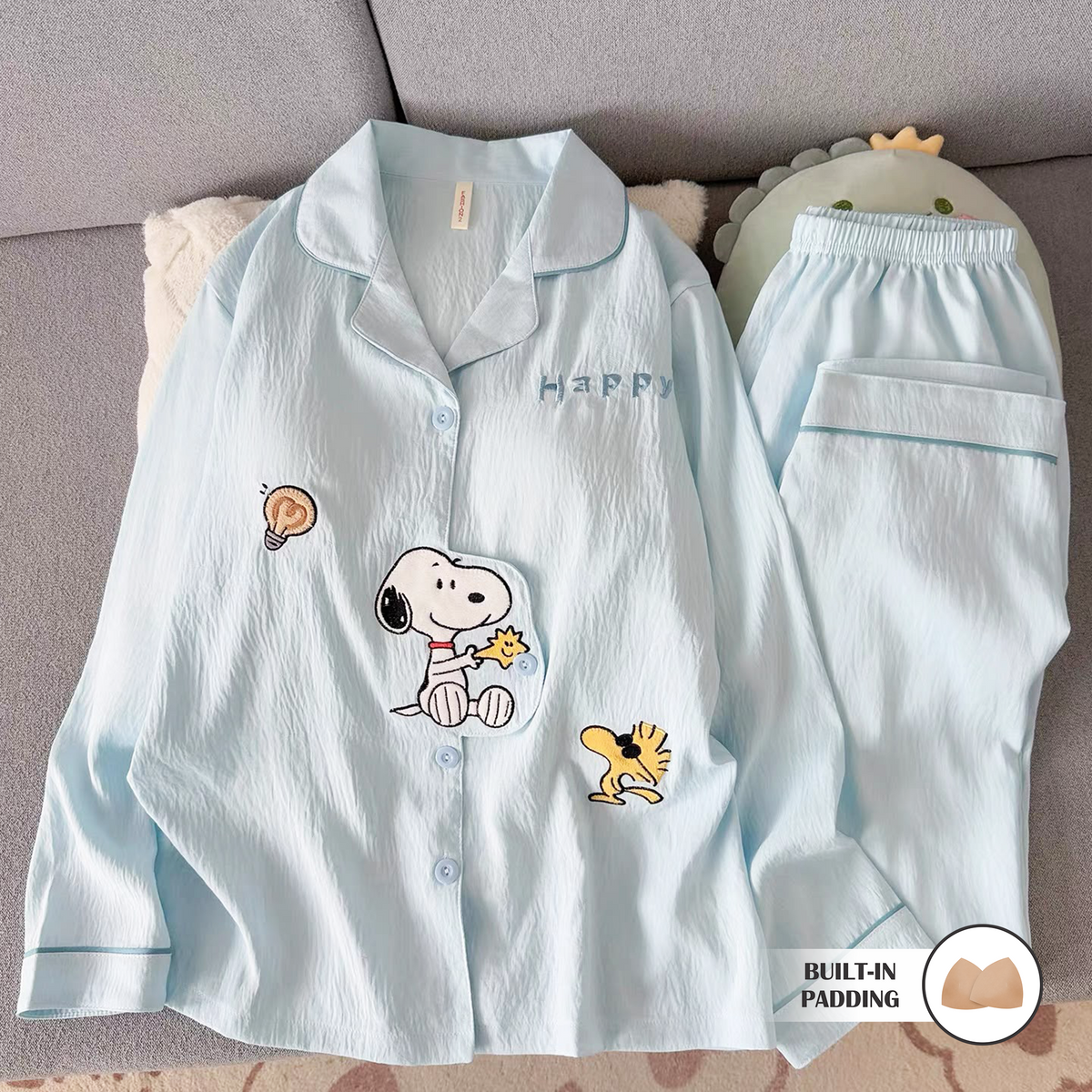 Women 2 piece padded nightsuit set with Snoopy print in light blue
