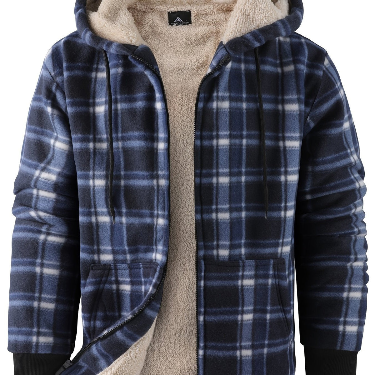 Plaid hooded jacket men lumberjack style with plush lining and front zip