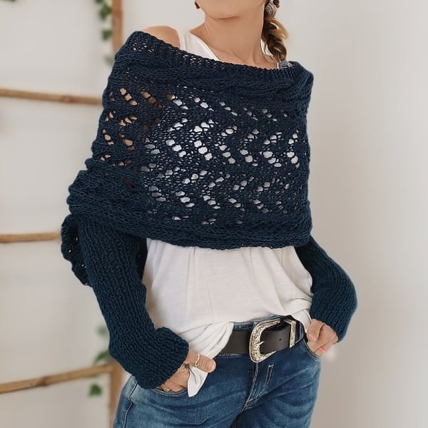Women everything winter knit shawl scarf wrap with double sleeves in multiple colours