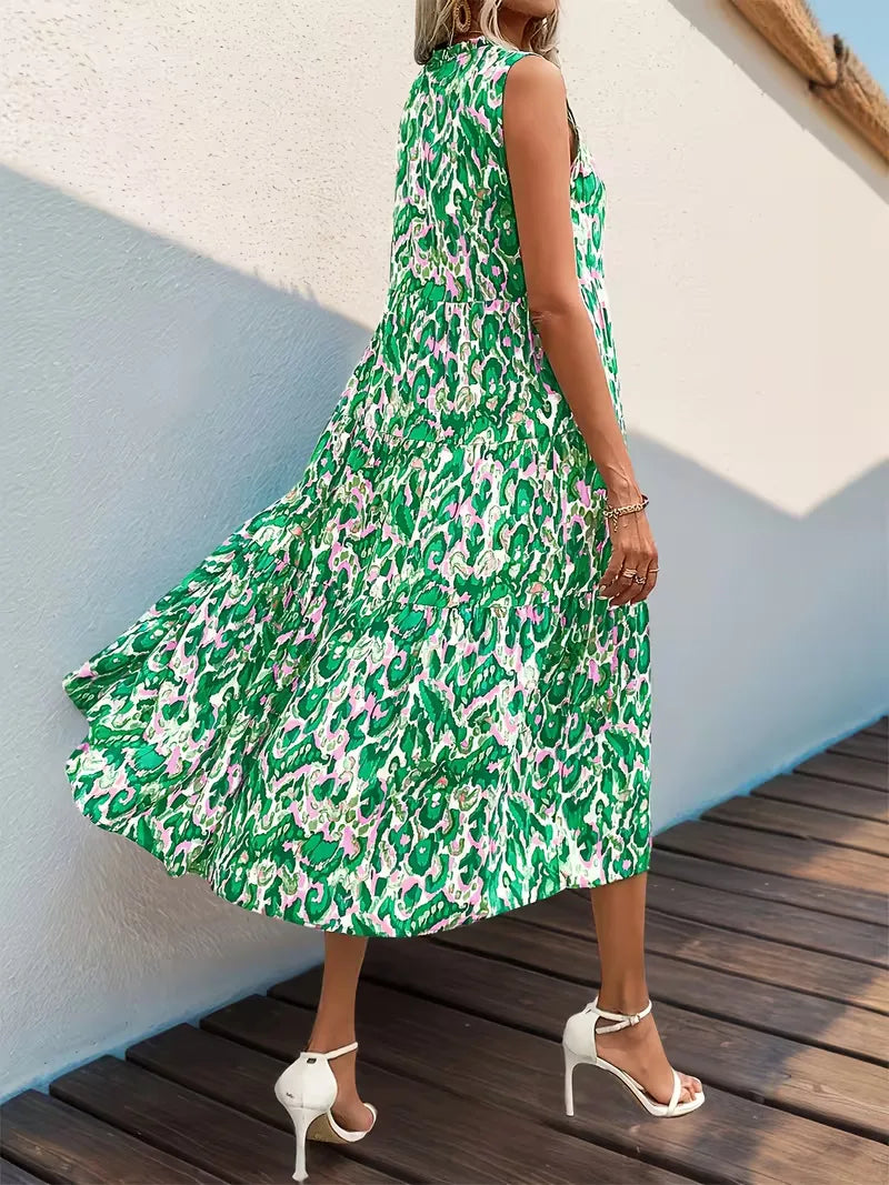 Linen Loose Summer Dress | Bohemian A-Line, V-Neck | Colorful