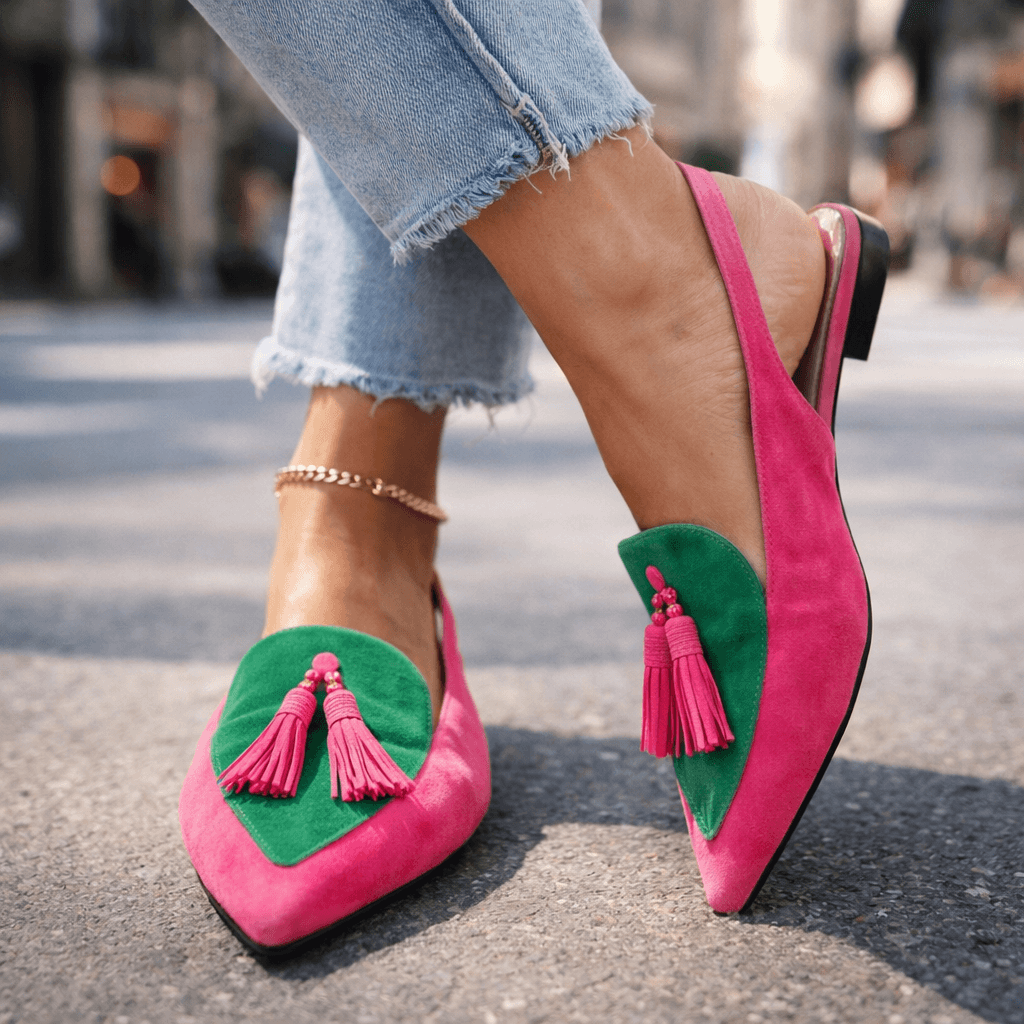 Women slingback flats pointed toe velvet upper with contrasting trim
