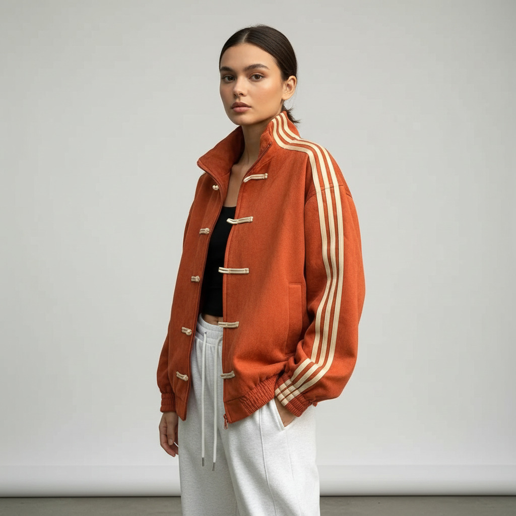Women retro velour track jacket with contrast sleeve stripes and button closure