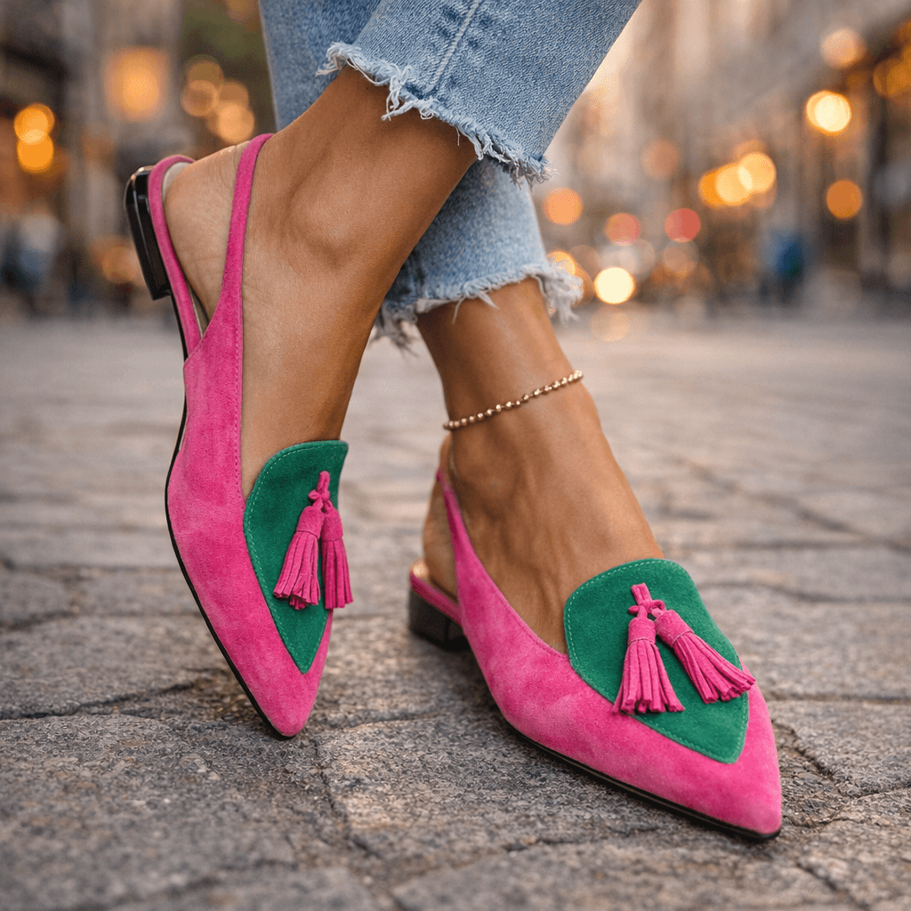 Women slingback flats pointed toe velvet upper with contrasting trim