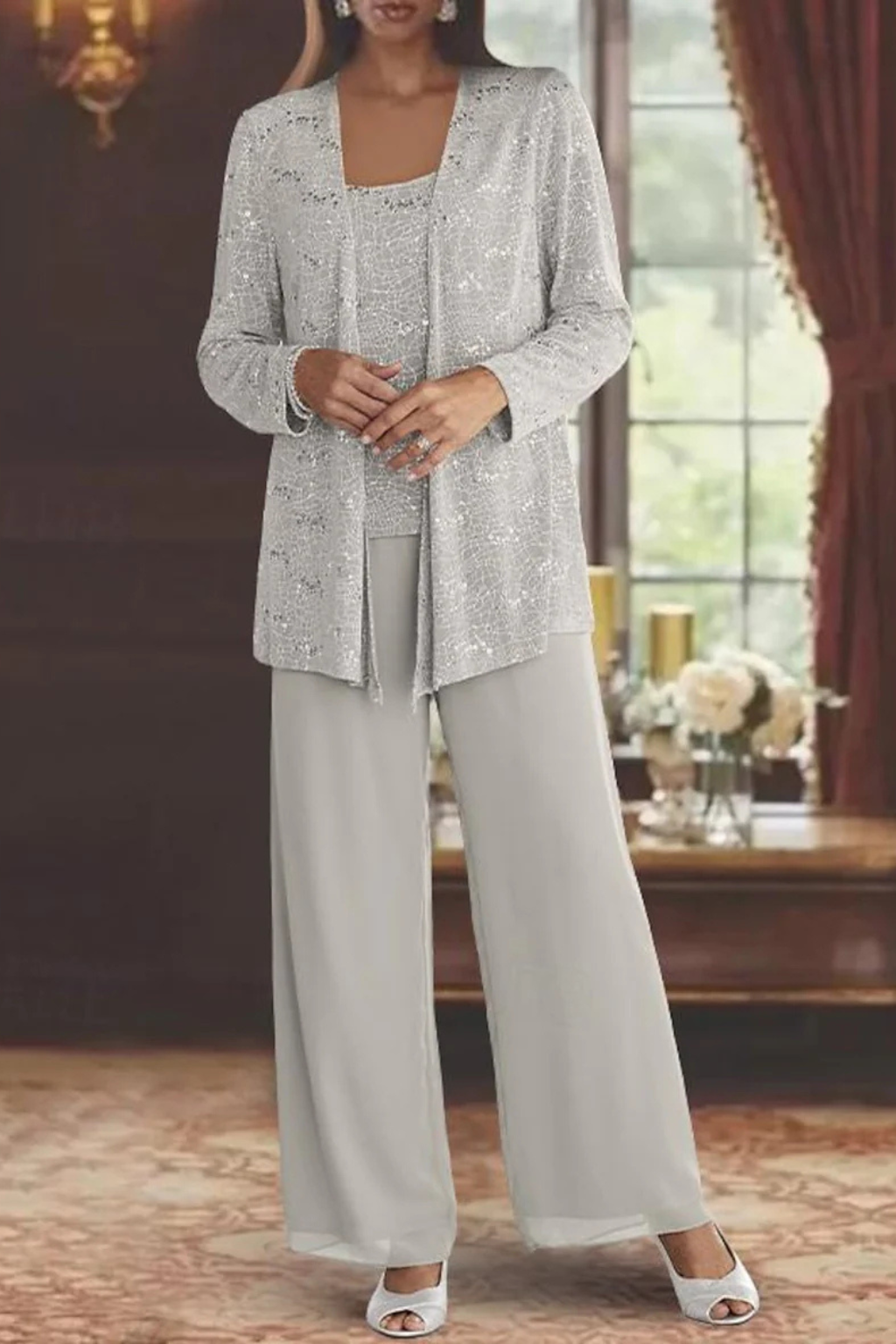 Women 3 piece sequin lace jacket wide leg trouser suit in silver for party and wedding