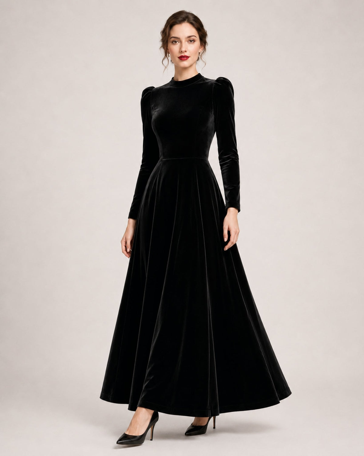 Women Velvet Midi Dress Long Sleeve A Line
