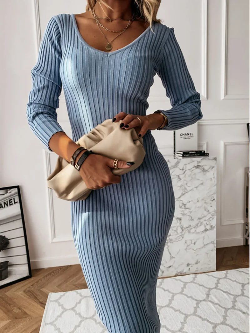 Knit Midi Dress | Women's V Neck, Long Sleeve | Casual Knit Style