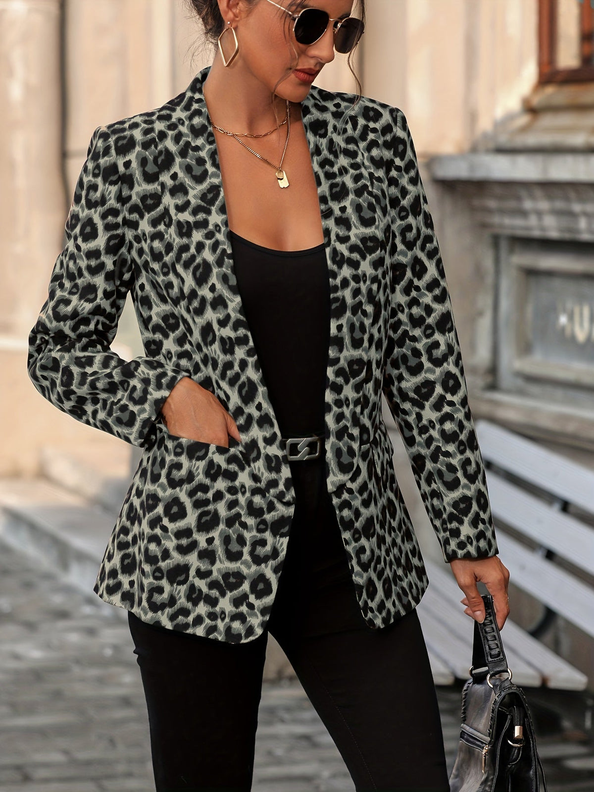 Womens leopard print blazer long with long sleeves, all season animal print