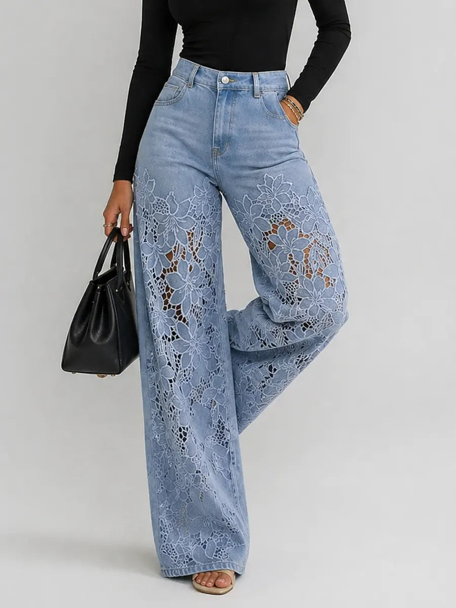 Women denim wide leg pants with floral lace panels high waist