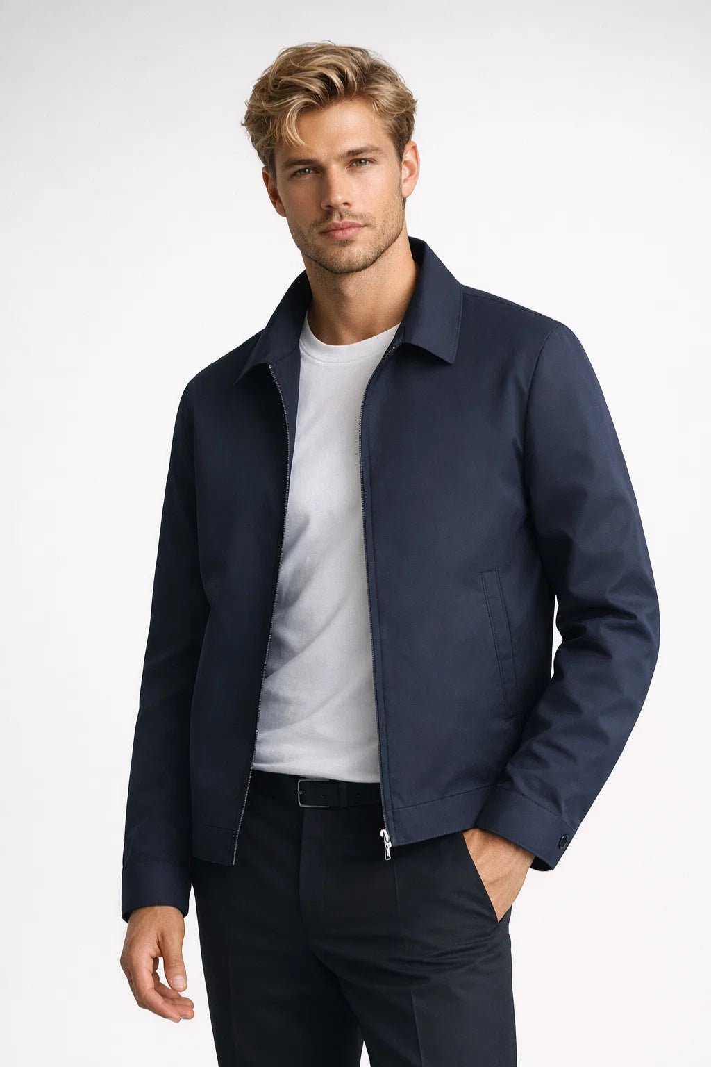 Men slim fit jacket classic collar zip closure smart casual