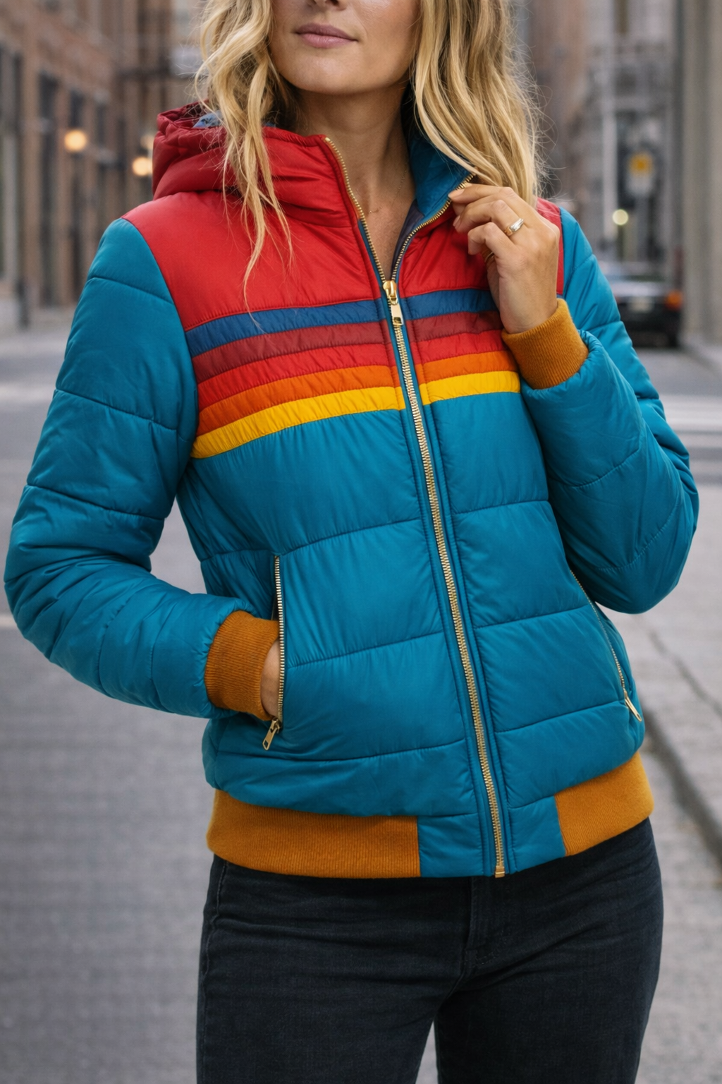Women colour block puffer jacket hooded quilted insulated winter