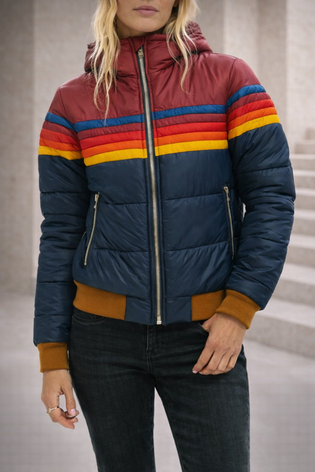 Women colour block puffer jacket hooded quilted insulated winter