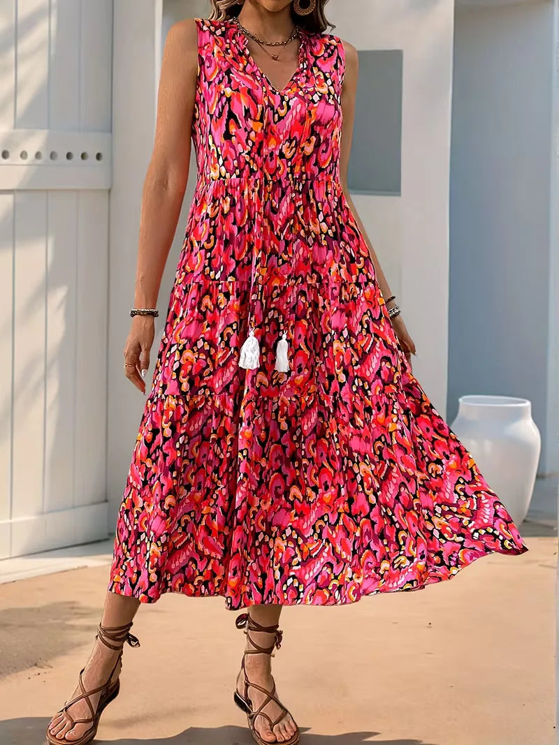 Linen Loose Summer Dress | Bohemian A-Line, V-Neck | Colorful