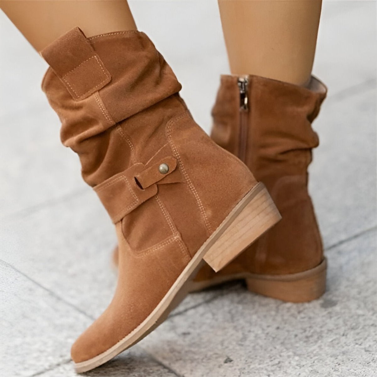 Women knee high slouchy boots with low block heel and faux suede upper