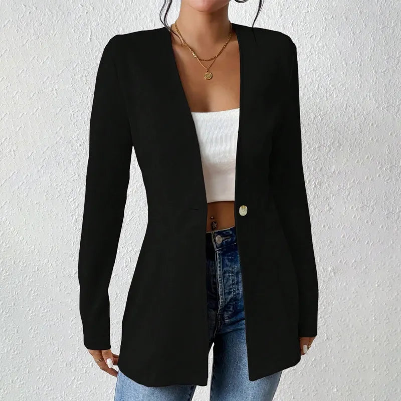 Women tailored single button blazer structured silhouette open lapel