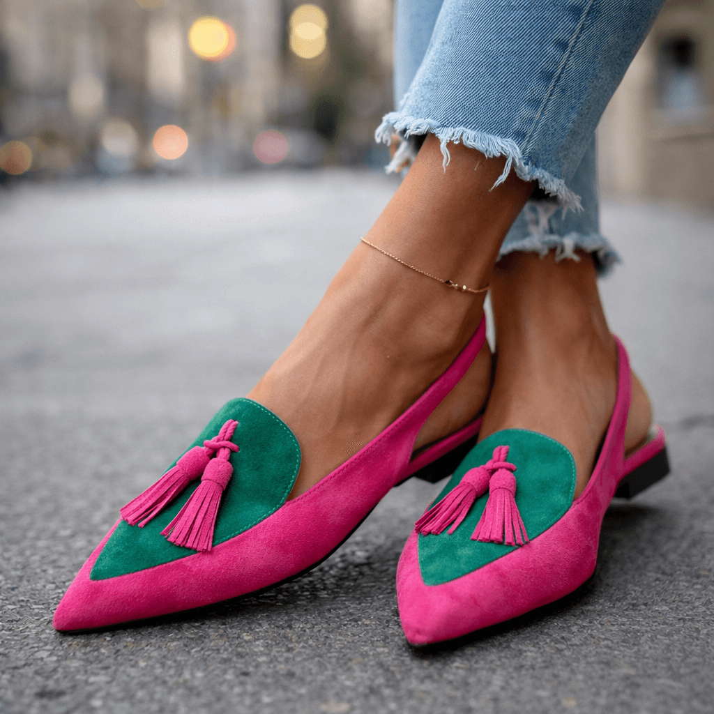 Women slingback flats pointed toe velvet upper with contrasting trim