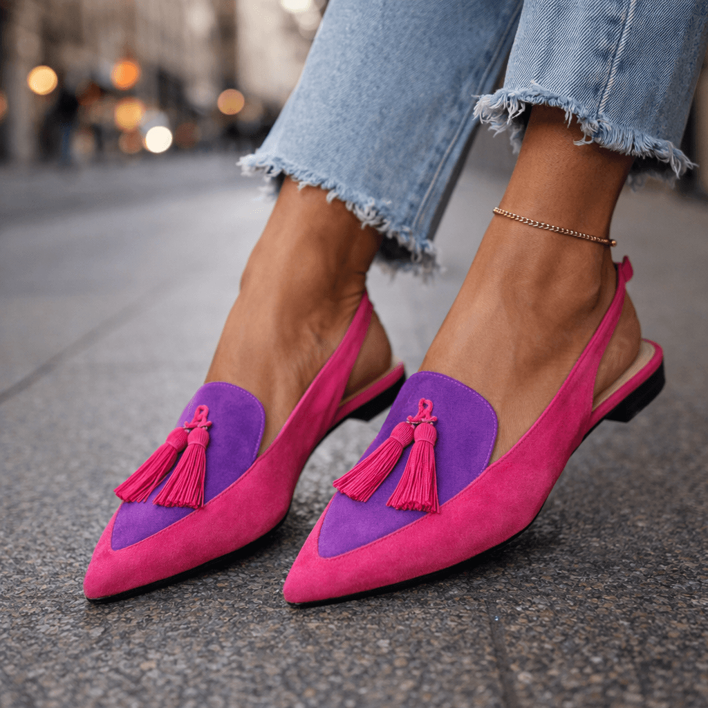 Women slingback flats pointed toe velvet upper with contrasting trim