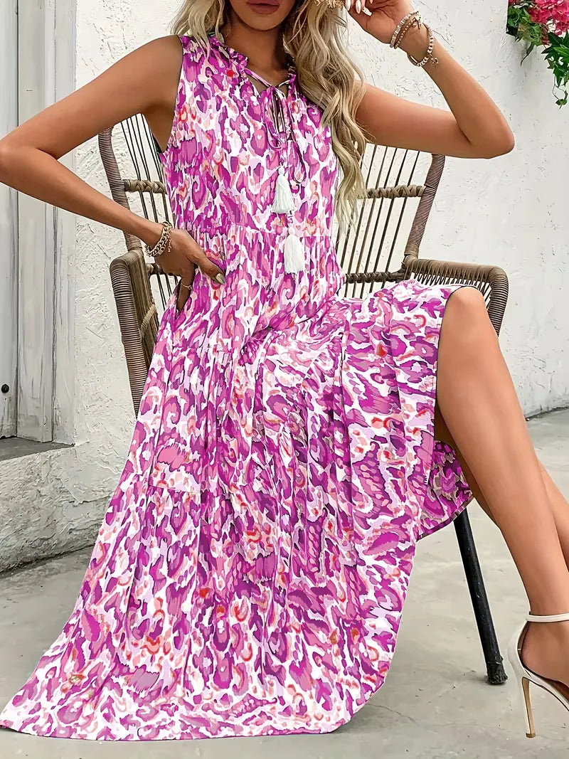 Linen Loose Summer Dress | Bohemian A-Line, V-Neck | Colorful