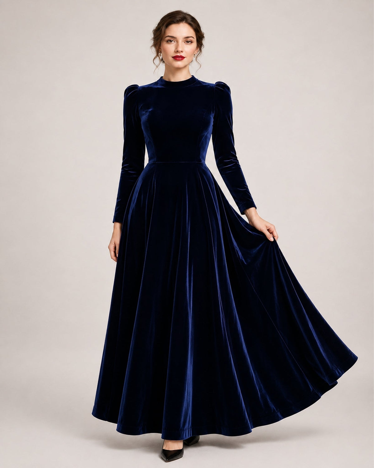 Women Velvet Midi Dress Long Sleeve A Line