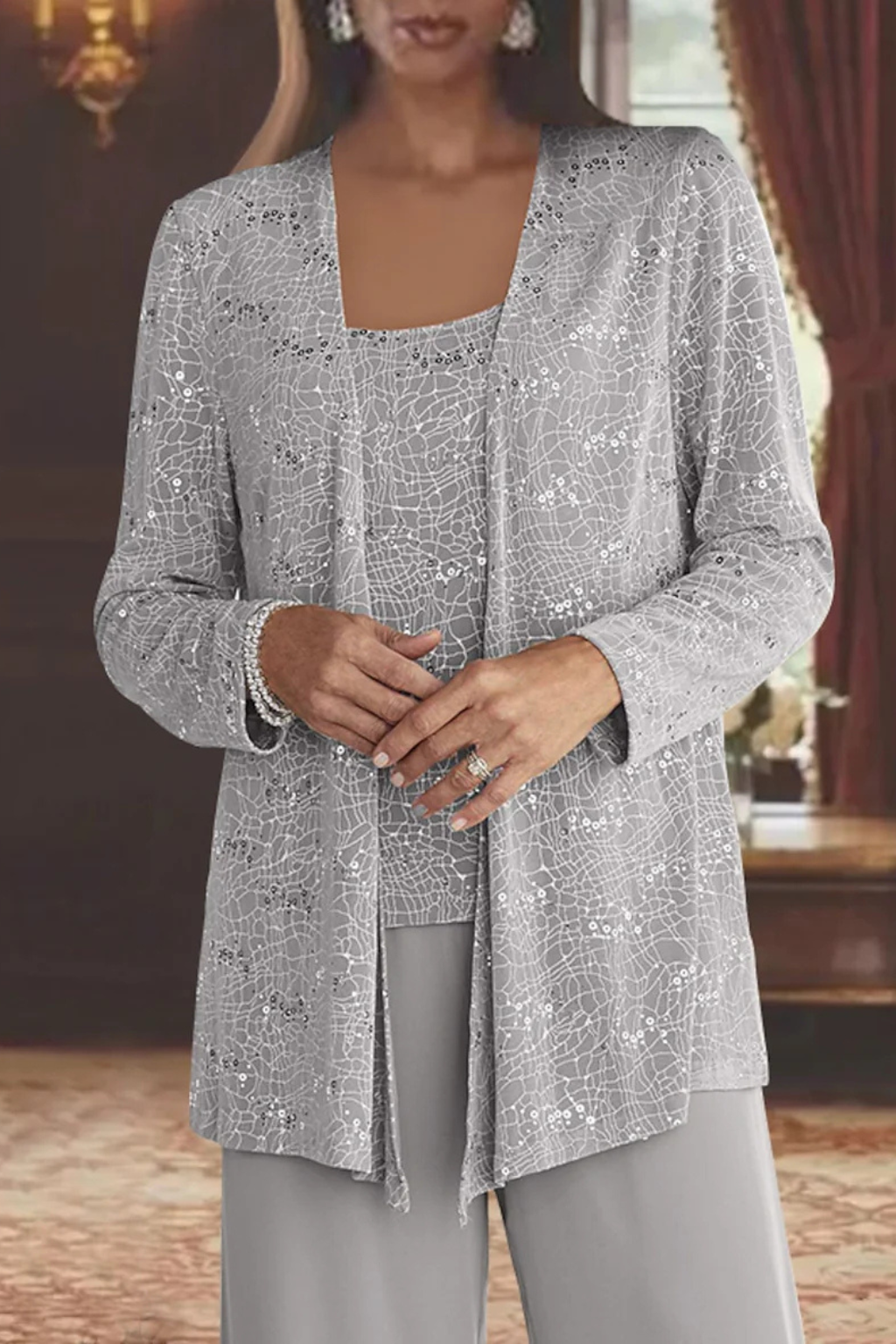 Women 3 piece sequin lace jacket wide leg trouser suit in silver for party and wedding