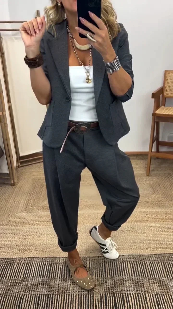 Women's Blazer Trouser Set | Taupe, Black, Grey | Two-Piece Suit