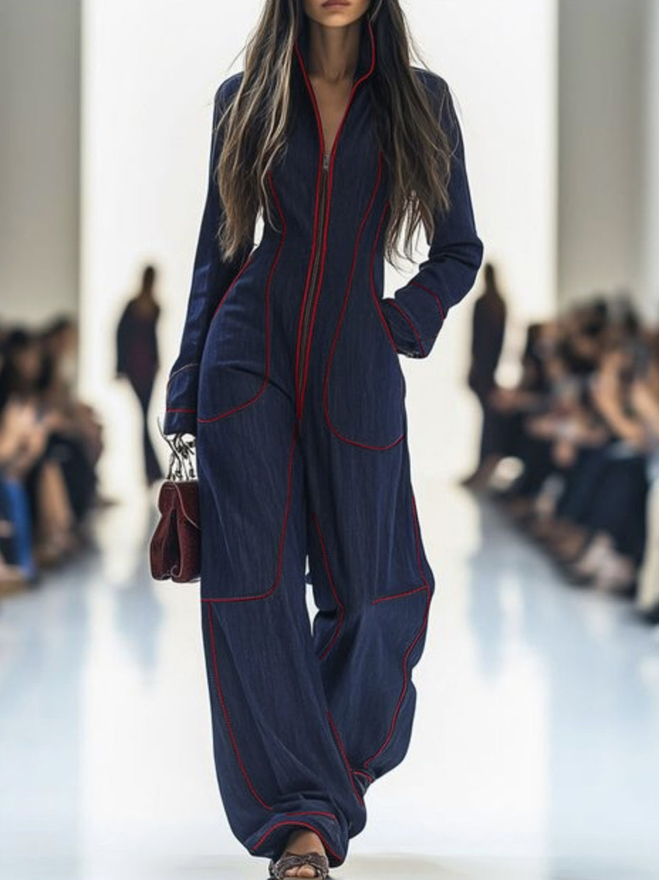 Denim Jumpsuit | Wide Leg, Long Sleeve, Mock Neck