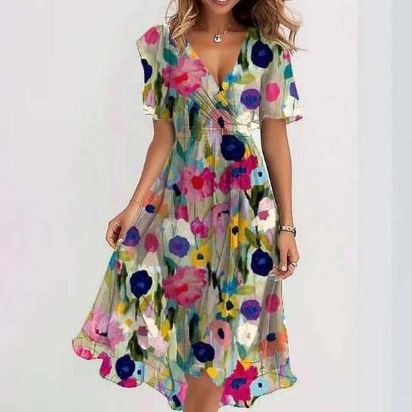 Evening Dress | Women V-Neck, Elegant Printed | Flowy Formal Gown
