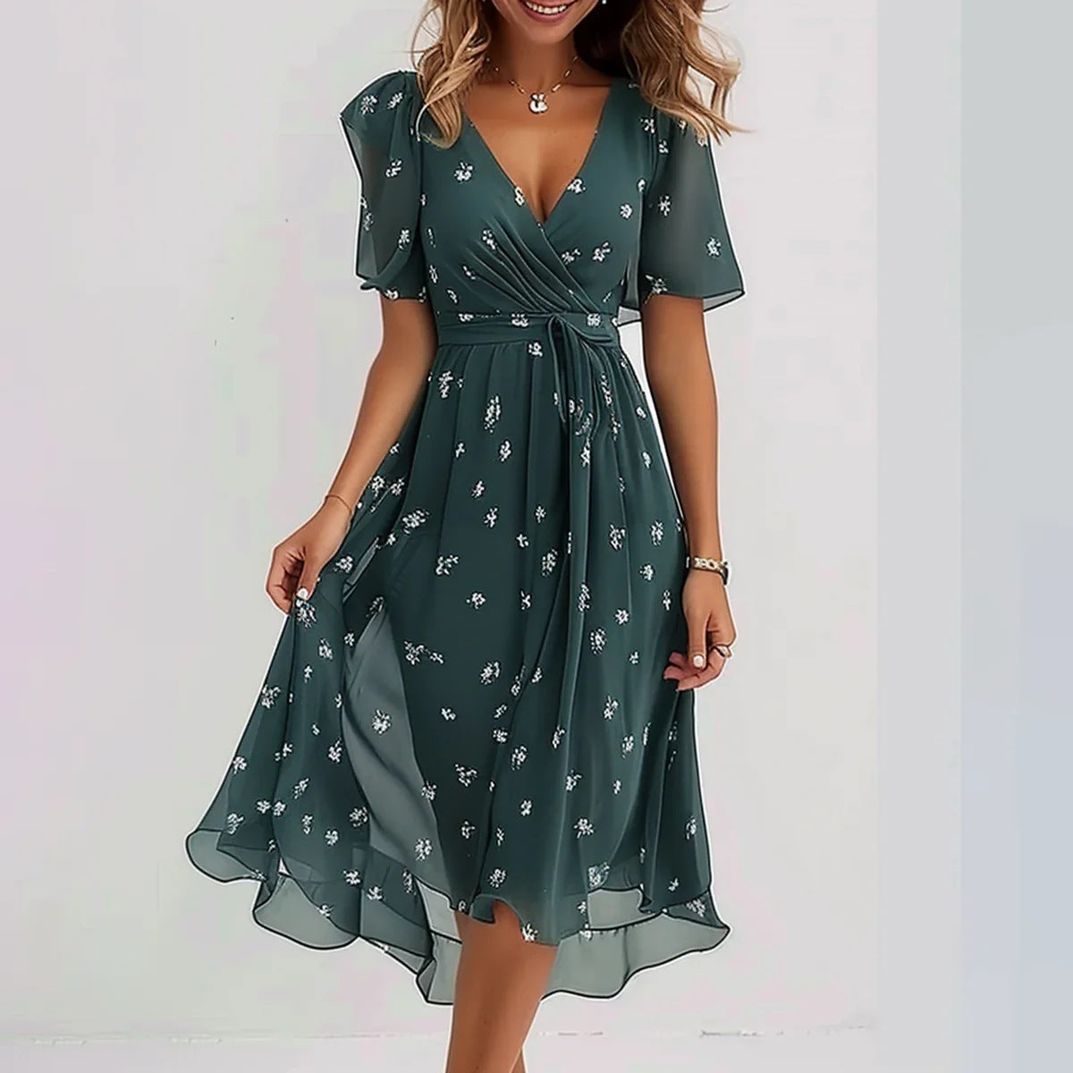 Evening Dress | Women V-Neck, Elegant Printed | Flowy Formal Gown