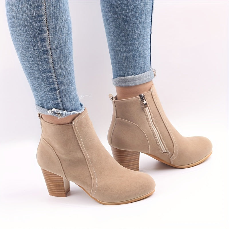 Women ankle boots stacked block heel side zip suede-look upper
