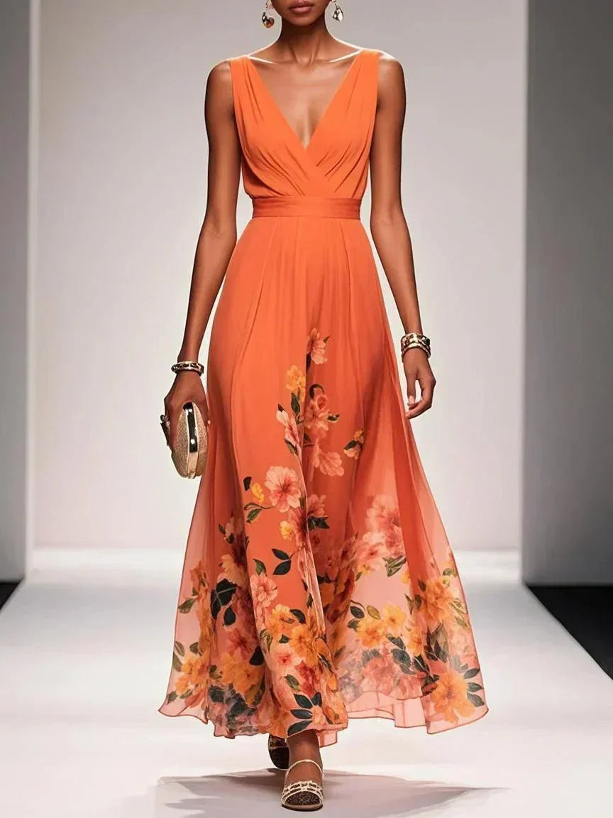 Women floral print maxi dress with V-neckline, flowing A-line silhouette
