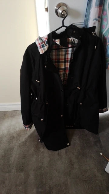 Women waterproof hooded trench jacket mid length zip front with plaid lining