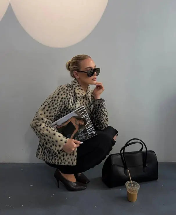 Womens leopard print coat with long sleeves and single breasted winter style