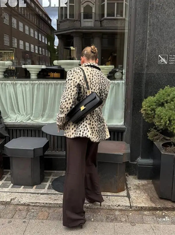 Womens leopard print coat with long sleeves and single breasted winter style