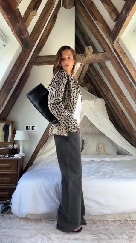 Womens leopard print coat with long sleeves and single breasted winter style
