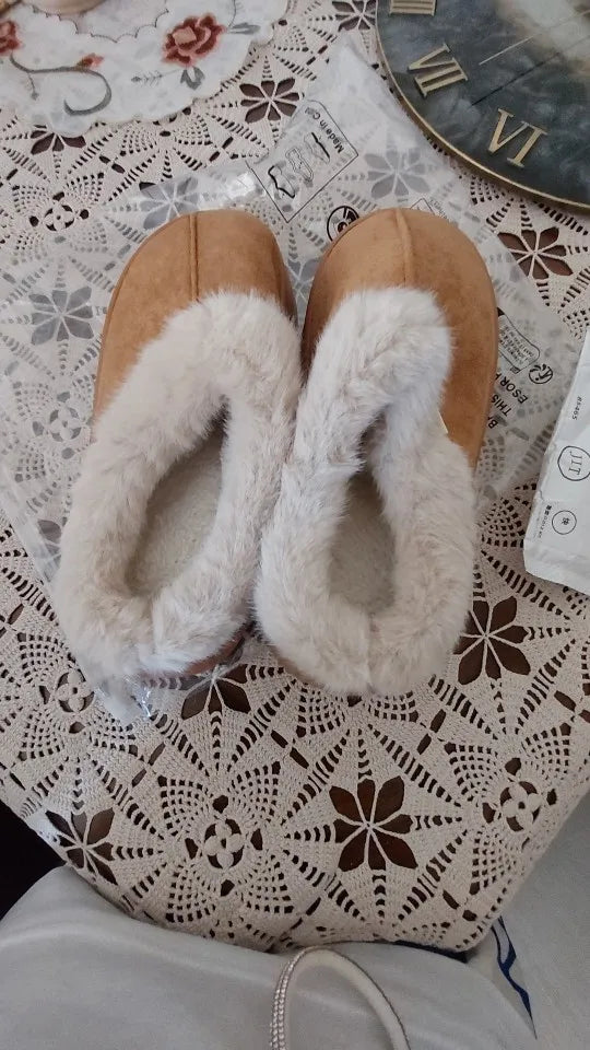 Women slipper boots fuzzy warm indoor anti-slip flat pull-on