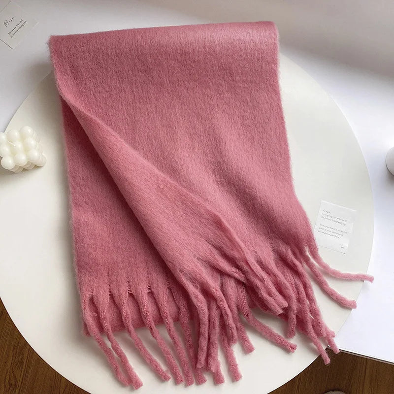 Women cashmere winter scarf tassel fringe solid color warm wrap