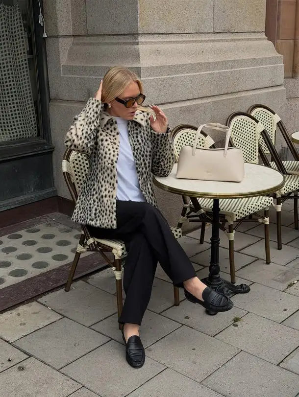 Womens leopard print coat with long sleeves and single breasted winter style