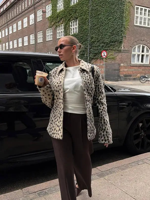 Womens leopard print coat with long sleeves and single breasted winter style