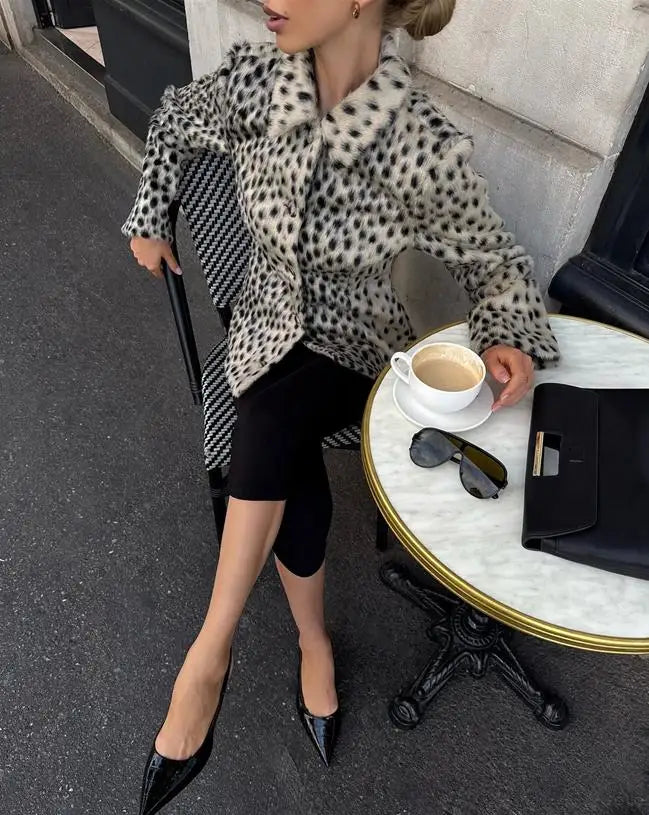 Womens leopard print coat with long sleeves and single breasted winter style
