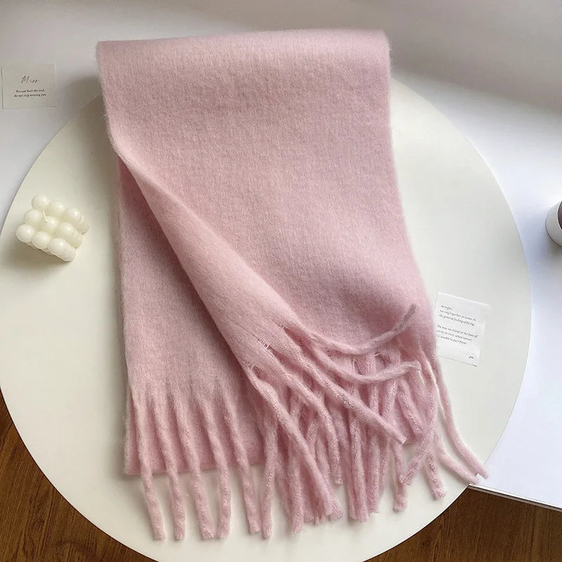 Women cashmere winter scarf tassel fringe solid color warm wrap