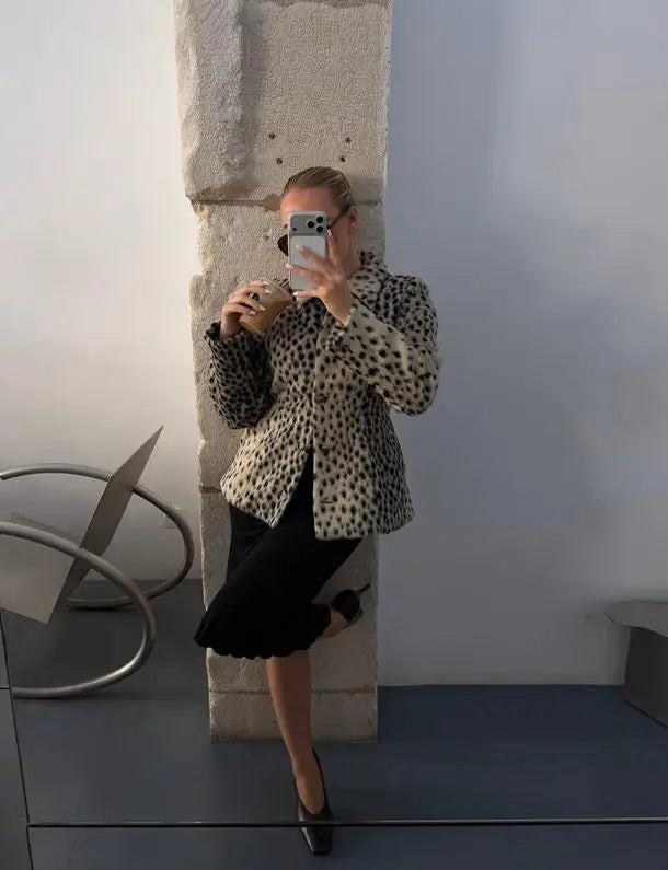 Womens leopard print coat with long sleeves and single breasted winter style