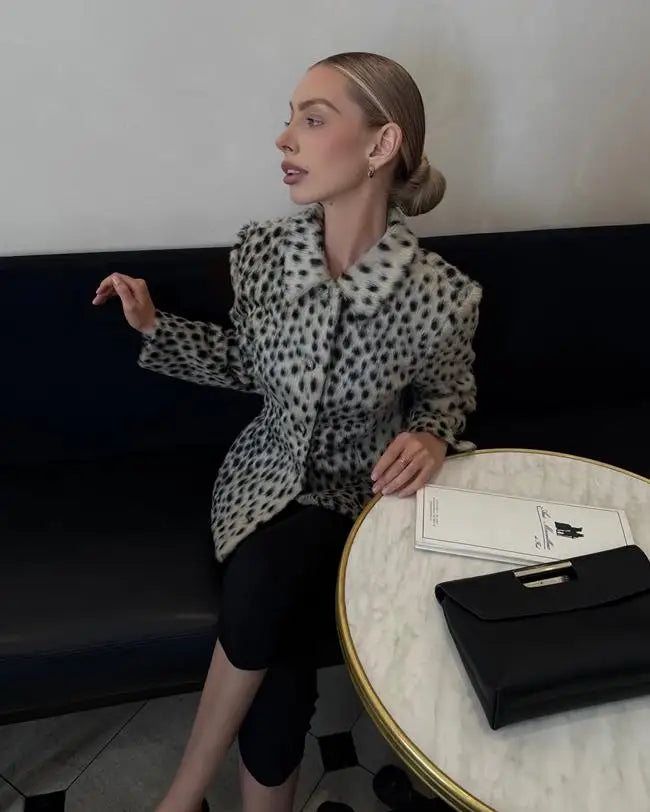 Womens leopard print coat with long sleeves and single breasted winter style